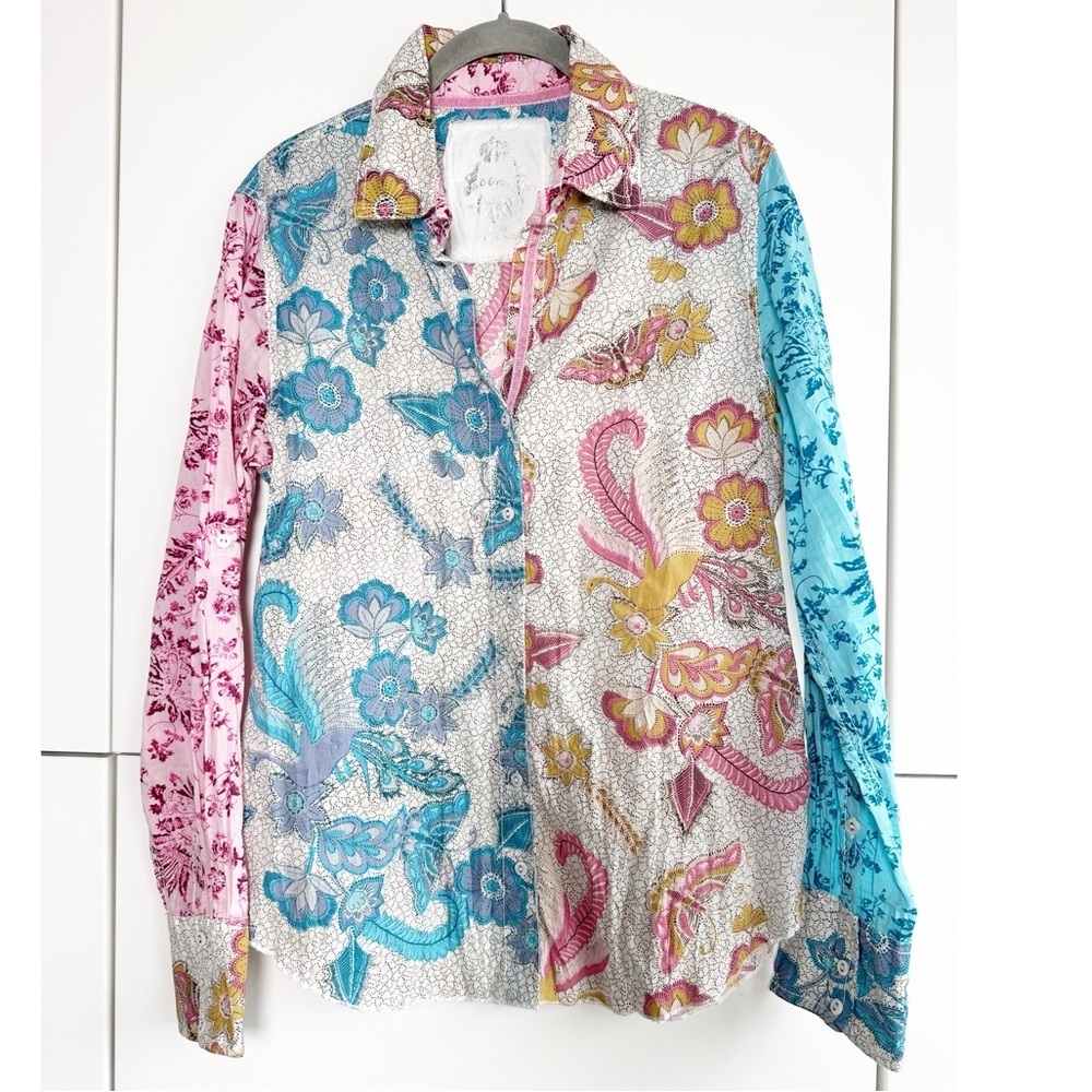 Cino Button Front Blouse Pink Blue Floral Size Small Crinkle Fabric Luxery